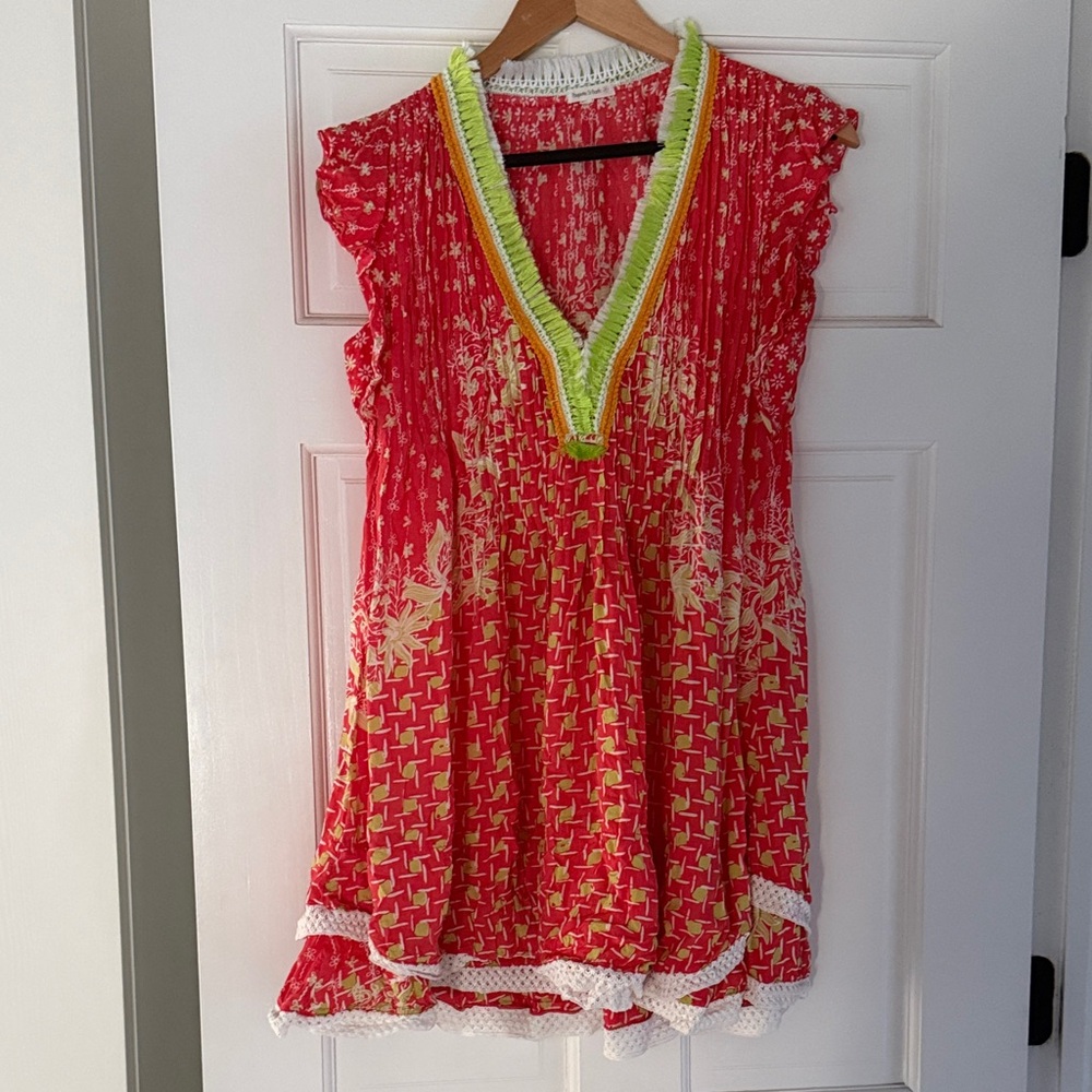 Poupette St. Barth Red Floral Split-Neck Tunic with White Trim